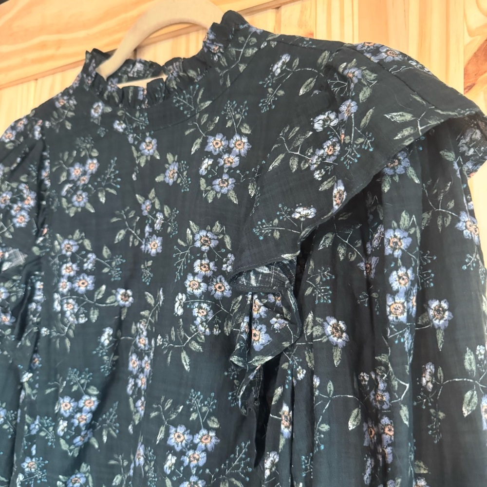 Floral Ruffle Green Long Sleeve Prairie Top size Large - Picture 6 of 8
